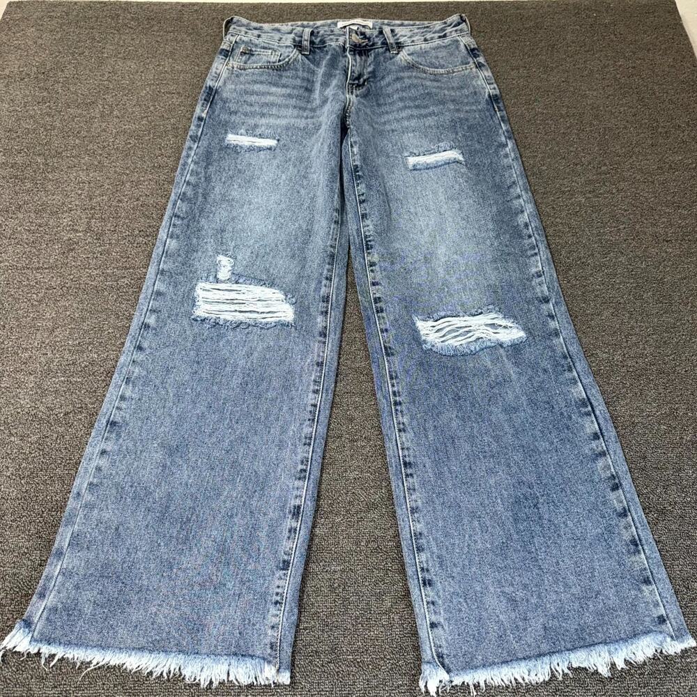 Ashley Mason Wide Leg Jeans Women's 9/29 Distressed Blue Medium Wash Raw Hem